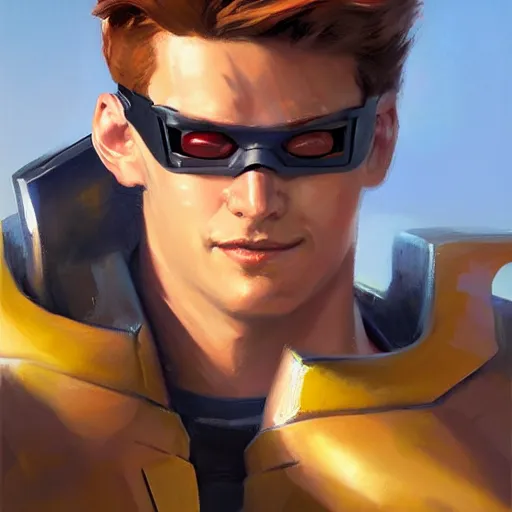 Image similar to greg manchess portrait painting of scott summers aka cyclops as overwatch character, medium shot, asymmetrical, profile picture, organic painting, sunny day, matte painting, bold shapes, hard edges, street art, trending on artstation, by huang guangjian and gil elvgren and sachin teng