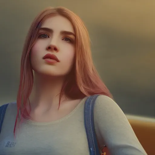 Prompt: portrait of 2 2 - year - old woman with angle 9 0 ° very beautifull sexy looking away smell fresh air, strong spirit, 8 k, cinematic scene, unreal engine, background city from art movie