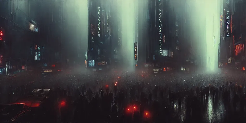 Image similar to beautiful painting by jeremy mann, large crowd in a cyberpunk street, still from blade runner movie, desaturated, oil painting, perfect composition, detailed octane render trending on artstation, volumetric fog, ominous, unsettling, 8 k artistic photography, volumetric cinematic perfect light