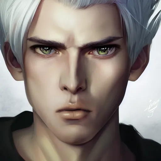 Prompt: Semi realistic anime illustration of white haired parted down the middle short hair man, with beautiful hyperdetailed black sclera eyes, portrait made by Stanley Artgerm, WLOP, Rossdraws, James Jean Andrei Riabovitchev, Marc Simonetti, Yoshitaka Amano, Artstation