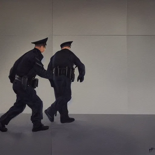 Image similar to hyperrealism painting of a police search of a suspicious person