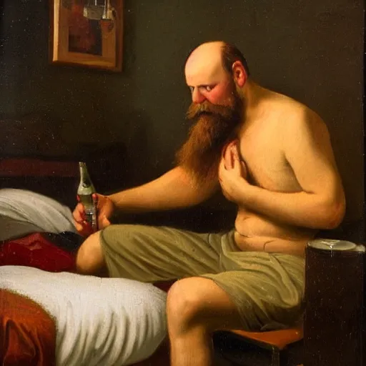 Image similar to a middle aged balding man with a full short beard in a tiny hotel room, depressed, stressed, extremely drunk and surrounded by empty beer cans. Renaissance oil painting.