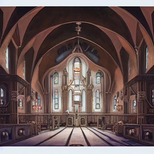 Image similar to a symmetrical cult church, oil painting, pale colors, high detail, 8 k, wide angle, trending on artstation,