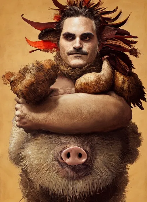 Prompt: a hyper detailed painting of an anthropomorphic joaquin phoenix, cow horns, pig nose, sheep wool, chicken feathers, horror, by anna podedworna, by miklos ligeti, by diego maricato, by taran fiddler, by antonino truisi, by chris reddie, by jinsung lim, trending on artstation