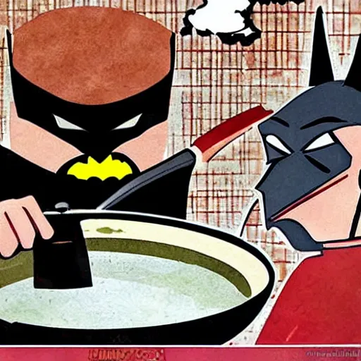 Image similar to batman cooking with a wok pan in a cozy french kitchen, comic book style