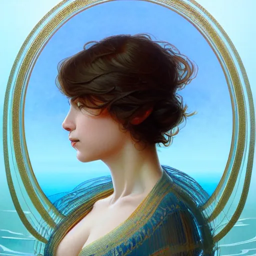 Image similar to full body portrait of a woman with short wavy hair, round face, cottagecore!!, lake water, intricate, enlightenment, highly detailed, digital painting, artstation, concept art, smooth, sharp focus, illustration, art by artgerm and greg rutkowski and alphonse mucha