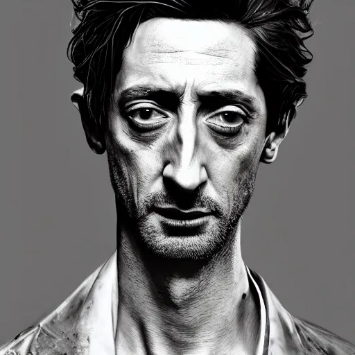 Prompt: adrien brody portrait, dystopia core, apocalyptic, armor, warrior, dramatic, sharp focus, fiction, neon, fantasy, hyper detailed, digital art, trending in artstation, cinematic lighting, studio quality, smooth render, unreal engine 5 rendered, octane rendered, art style and nixeu and wlop and krenz cushart