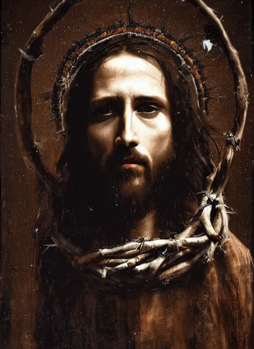 Image similar to portrait of jesus christ wearing a crown of thorns, by nicola samori, painting, 8 k, high detail