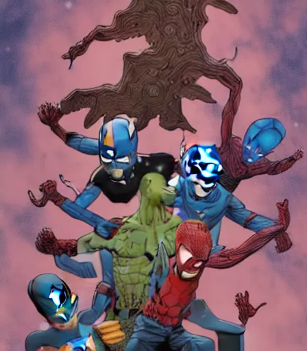 Image similar to TIm Burtons style Avengers by Alex Pardee and Nekro and Petros Afshar, and James McDermott,unstirred paint, vivid color, cgsociety 4K