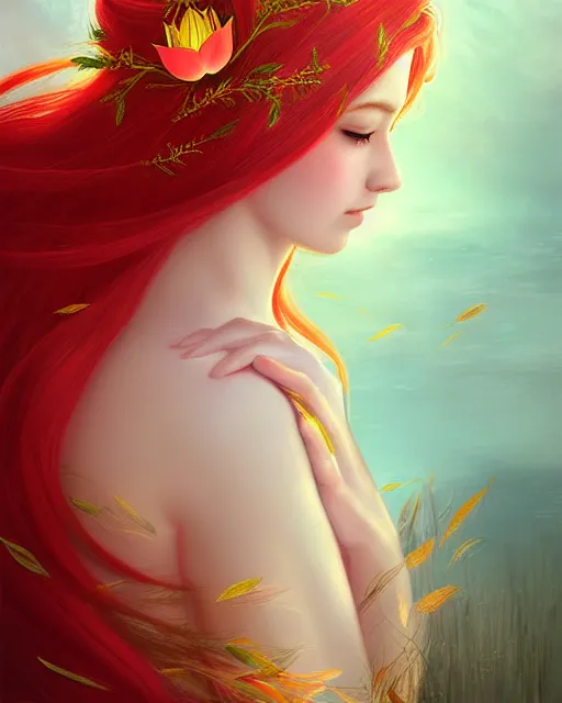 Prompt: the goddess of summer, with lotus on her head, red hair, half - length head portrait, dreamy, beautiful, by wlop