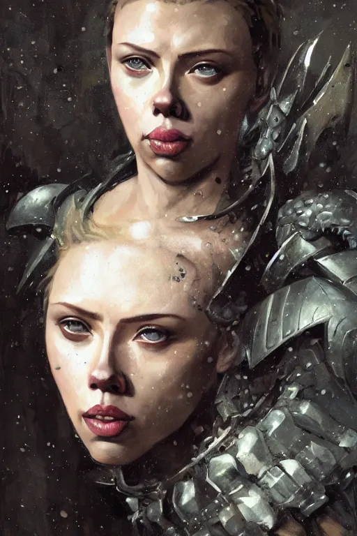 Image similar to scarlet johansson, legendary warrior, heroic fighter, dungeons & dragons, tattoos, decorative ornaments, battle armor, by carl spitzweg, ismail inceoglu, vdragan bibin, hans thoma, greg rutkowski, alexandros pyromallis, perfect face, detailed, sharply focused, centered, rule of thirds, realistic shading