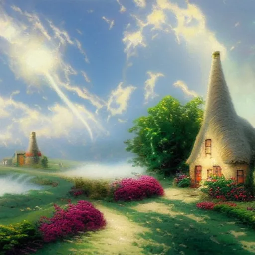Prompt: beautiful wind turbines behind a small cottage, fluffy clouds in the sky, painted by thomas kinkade