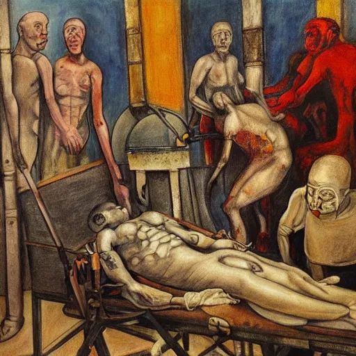 Image similar to by otto dix, by clive barker balmy, peaceful ancient roman. a beautiful drawing of a team of surgeons gathered around a patient on an operating table, with one surgeon in the process of cutting into the patient's chest. the drawing is full of intense colors & brushstrokes, conveying the urgency & intensity of the surgery.