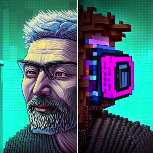 Image similar to Colour Minecraft style Photography of 1000 years old man with highly detailed 1000 years old face wearing higly detailed cyberpunk VR Headset designed by Josan Gonzalez Many details. . In style of Josan Gonzalez and Mike Winkelmann andgreg rutkowski and alphonse muchaand Caspar David Friedrich and Stephen Hickman and James Gurney and Hiromasa Ogura. Rendered in Blender