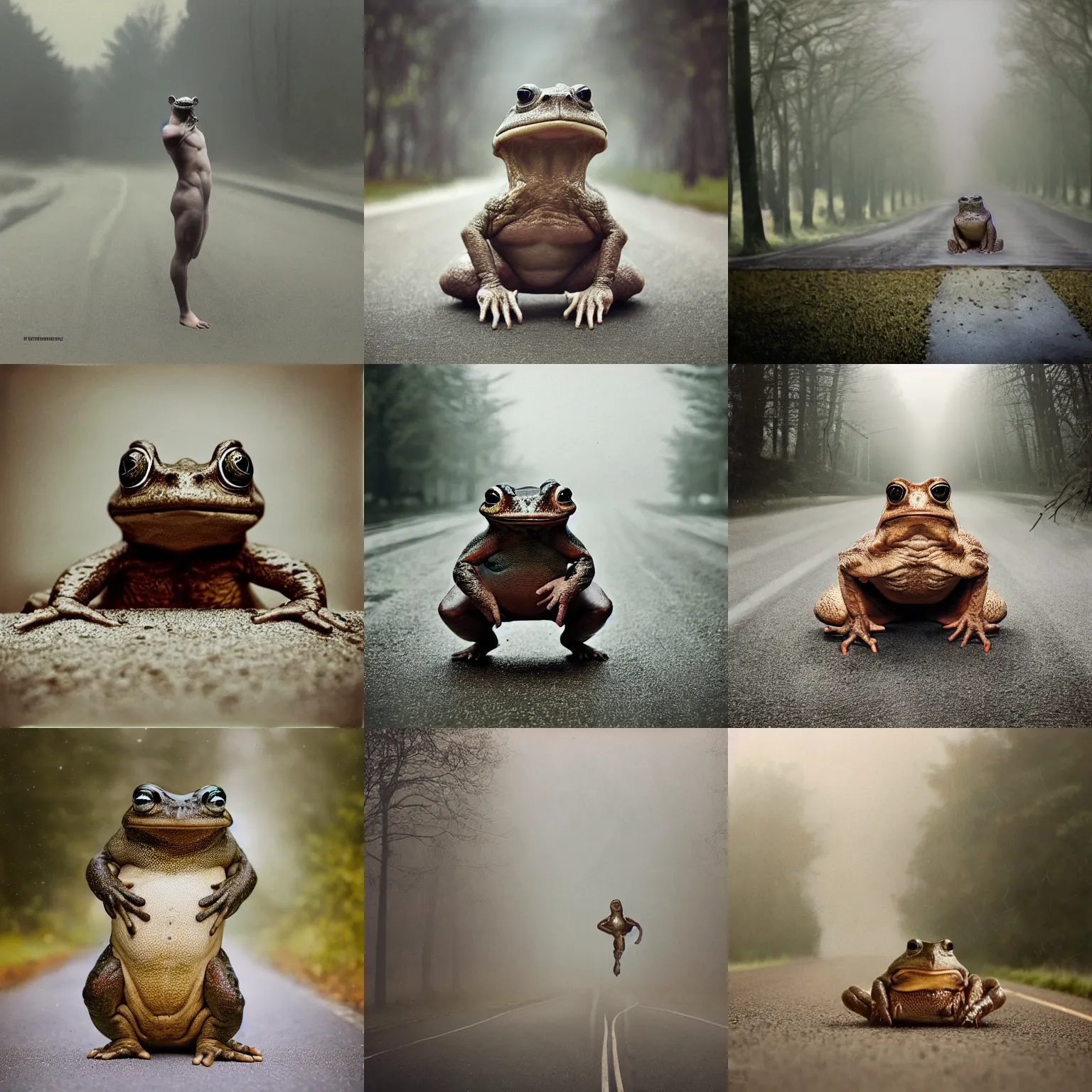 Prompt: 300mm telephoto bokeh, natural realistic anthropomorphic muscular giant hypnotoad, on rural street, Polaroid photo, vintage , neutral dull colors, soft lights, foggy mist , by oleg oprisco , by thomas peschak, by discovery channel, by victor enrich , by gregory crewdson