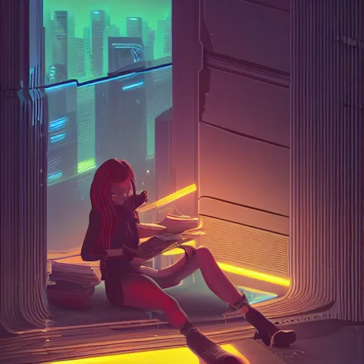 Image similar to a girl reading a book, her hair flowing down, cyberpunk art by by james gilleard, cgsociety, retrofuturism, synthwave, retrowave, outrun