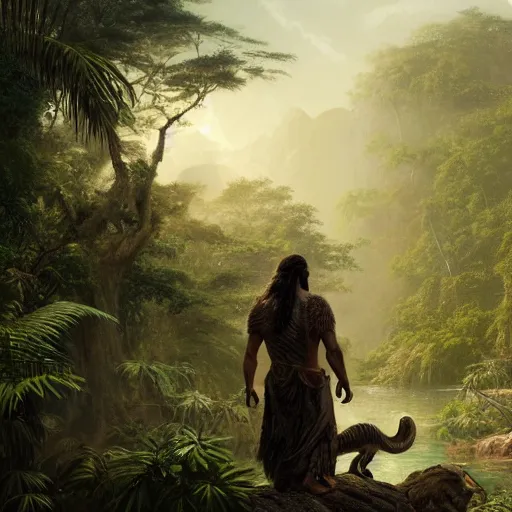 Image similar to a detailed matte painting of a ridiculously good looking jesus who is exploring the prehistoric jungle with his pet velociraptor, elegant ancient greek dress, jungle as the background, very detailed, beautiful, intricate, art by greg rutkowski and robert e howard, octane render