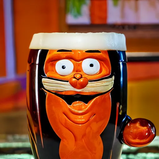 Image similar to a closeup photorealistic photograph of a glossy orange cat garfield style tiki mug sitting at a trader vic's bar featuring garfield's face. tiki party. bright scene. fine detail. this 4 k hd image is trending on artstation, featured on behance, well - rendered, extra crisp, features intricate detail, epic composition and the style of unreal engine.