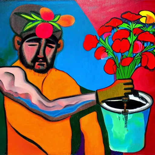 Image similar to man pouring water on head, flowers are in a pot on his head, the pot is part of his head, abstract expressionism, oil on canvas