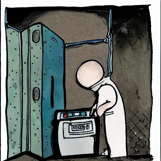 Image similar to childrens book illustration of a demon standing next to the washing machine in a basement, ink and watercolor