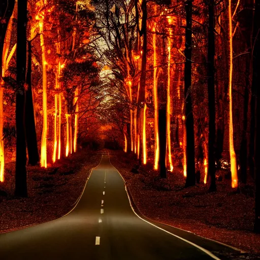 Image similar to forest at night fiery trees lighting the road littered with piles of bones