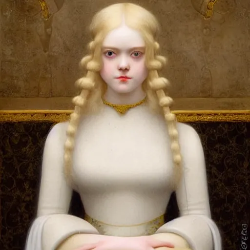 Image similar to Painting of Elle Fanning with an eyepatch and robot arm, long blonde hair, delicate, pale milky white porcelain skin, by Edmund Leighton. 8K. Extremely detailed.