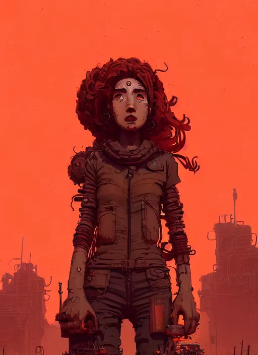 Image similar to highly detailed portrait of a wasteland long curly fire hair tribal lady, stray wiring by atey ghailan, james gilleard, by joe fenton, by greg rutkowski, by greg tocchini, by kaethe butcher, 4 k resolution, gradient red, orange, black and white color scheme!!! ( ( burning flaming robotic dystopian city background ) )