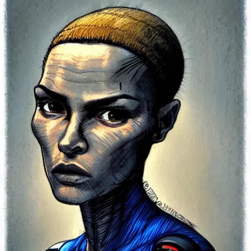 Image similar to intricate portrait, pure skin, short blue hair, in the style of enki bilal!