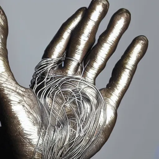 Prompt: realistic silver metal detailed wire sculpture of a human hand, intricate