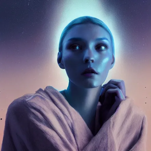Prompt: 3 d, sci - fi, night, fashion model face, moon rays, cinematic, clouds, vogue cover style, blue mood, realistic painting, intricate oil painting, high detail illustration, figurative art, multiple exposure, poster art, 3 d, by tooth wu and wlop and beeple and greg rutkowski