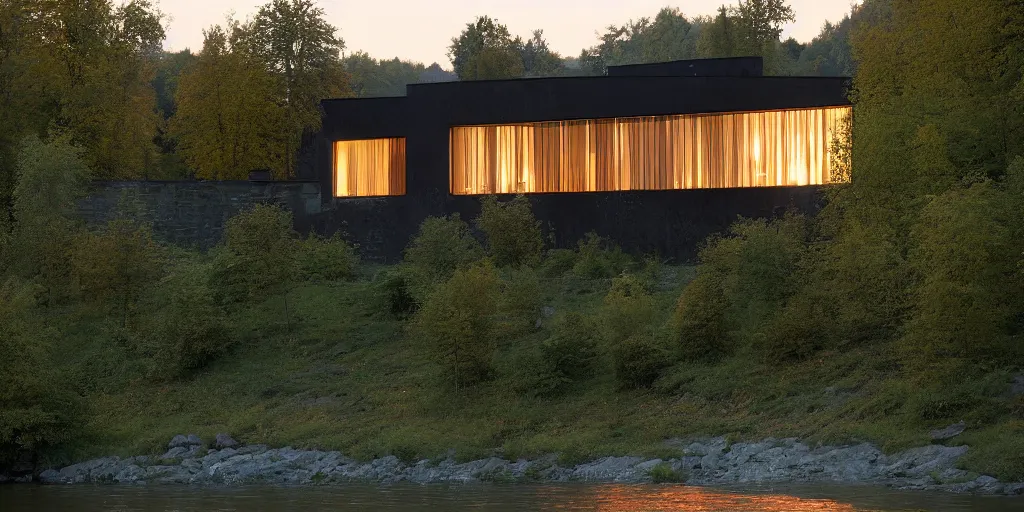 Image similar to a house by the river rhein close to mumpf designed by peter zumthor, beautiful ambient light, golden hour