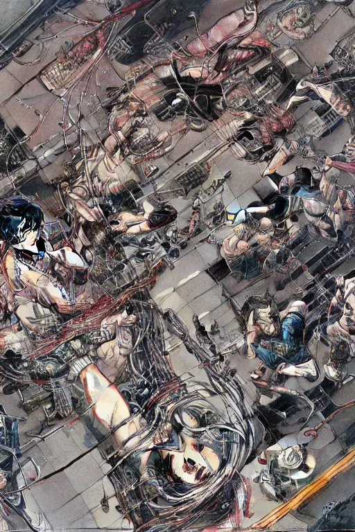 Image similar to a hyper-detailed cyberpunk illustration of a group of female androids' bodies torn apart, with cables and wires coming out, lying scattered in various poses over an empty floor, by masamune shirow and katsuhiro otomo, seen from above, japan 1980s, no background