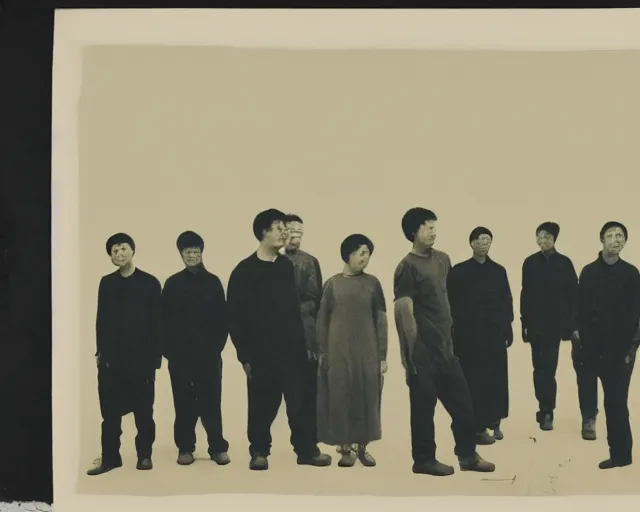 Image similar to a group of people standing next to each other, a photocopy by by Zhang Xiaogang, featured on cg society, holography, multiple exposure, calotype, ambient occlusion