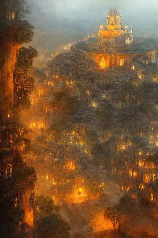 Image similar to old aztec city of gold in the middle of the forest, intricate, elegant, volumetric lighting, digital painting, highly detailed, artstation, sharp focus, illustration, concept art, ruan jia, steve mccurry