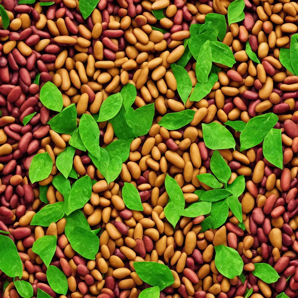 Prompt: large spiral of multicolor soy beans, with large leaves and fractal roots, over vivid dark wood table, food photography. super detailed. masterpiece