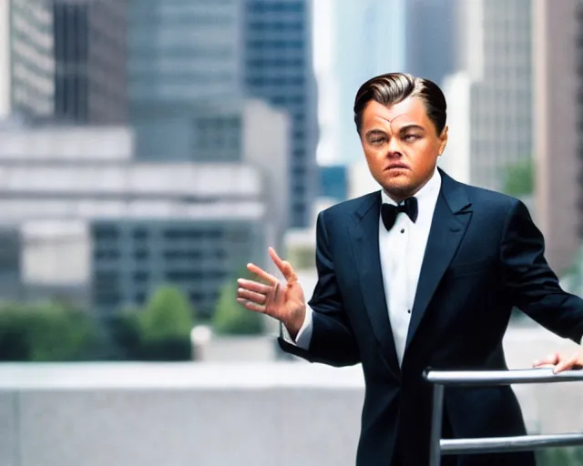 Prompt: leonardo dicaprio as the wolf of wall street, cinamtic, long shot, hyper detailed, realistic face, 8 5 mm photograph, 8 k resolution, film still, sharp lens, wide lens