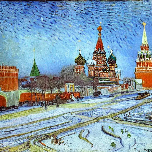 Prompt: Moscow in winter by Van Gogh