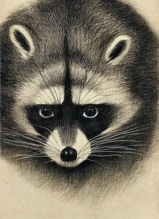 Prompt: self portrait of a racoon in the style of Leonardo Da Vinci, very detailed, drawing