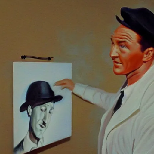 Prompt: beautiful lifelike painting of gene kelly demanding a refund on undercooked overpriced dinosaur steak in downtown dive bar bistro, hyperreal detailed facial features and uv lighting, art by osamu sato