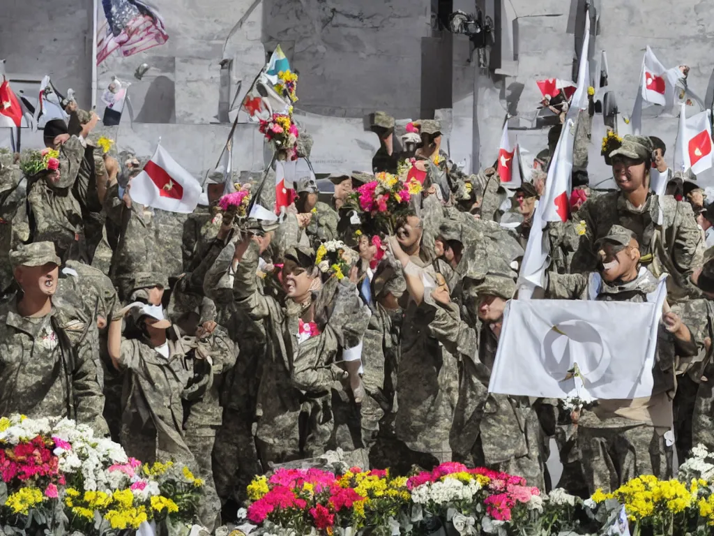 Image similar to military dictatorship with peace symbols on a podium, police state with flowers coming from mouth