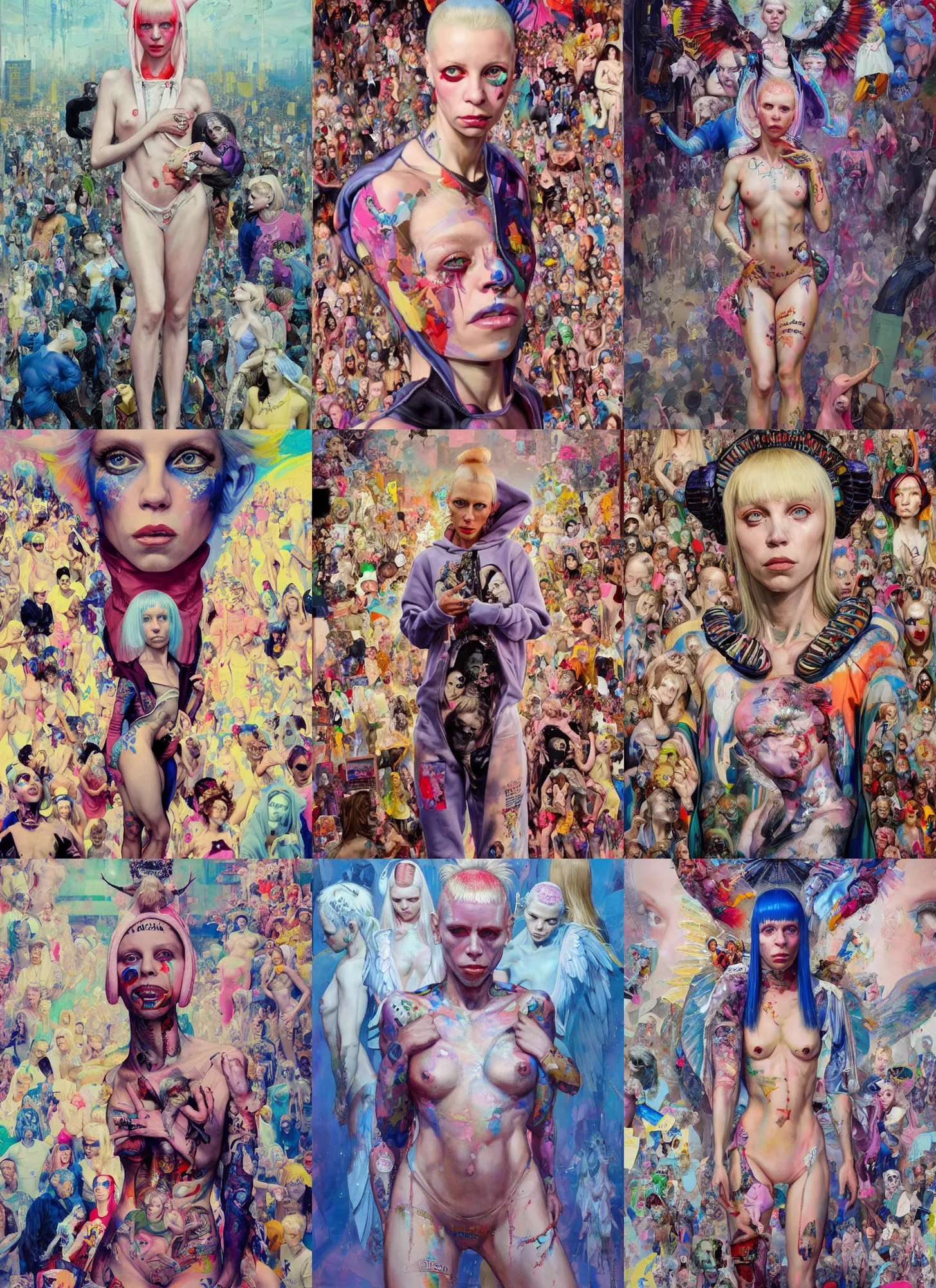 Prompt: yolandi visser in the style of martine johanna and donato giancola, wearing a hoodie, standing in township street, madonna surrounded by angels,!! haute couture!!, full figure painting by john berkey, david choe, ismail inceoglu, pastel color palette, detailed impasto, 2 4 mm lens