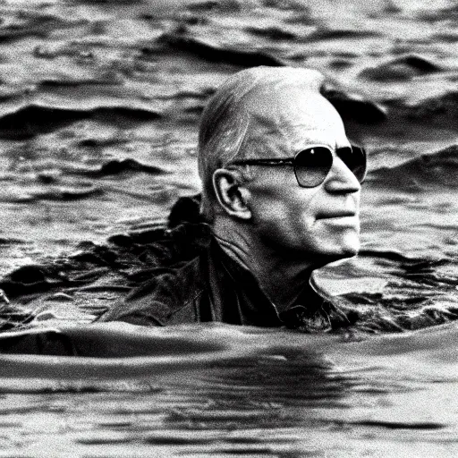 Prompt: film still, close up, joe biden rising out of muddy vietnam river, low camera angle at water level, from apocalypse now ( 1 9 7 9 ), 2 6 mm,