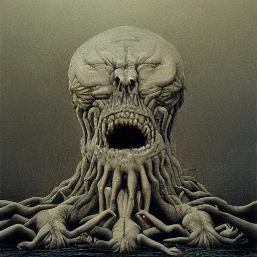 Image similar to horrifying creatures devouring humans painting by Zdzisław Beksiński