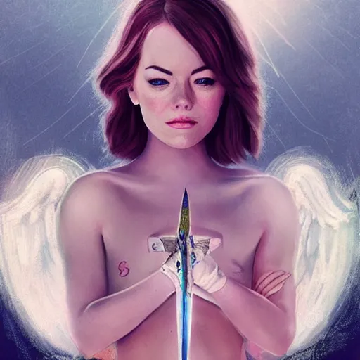 Image similar to beautiful Emma Stone holding a sword with both hands, three quarters pose in a lake, body covered religious tattoos glowing, white iridescent angel wings opened, D&D, fantasy, highly detailed, digital art, trending on artstation, smooth, sharp focus, illustration, art by Artgerm