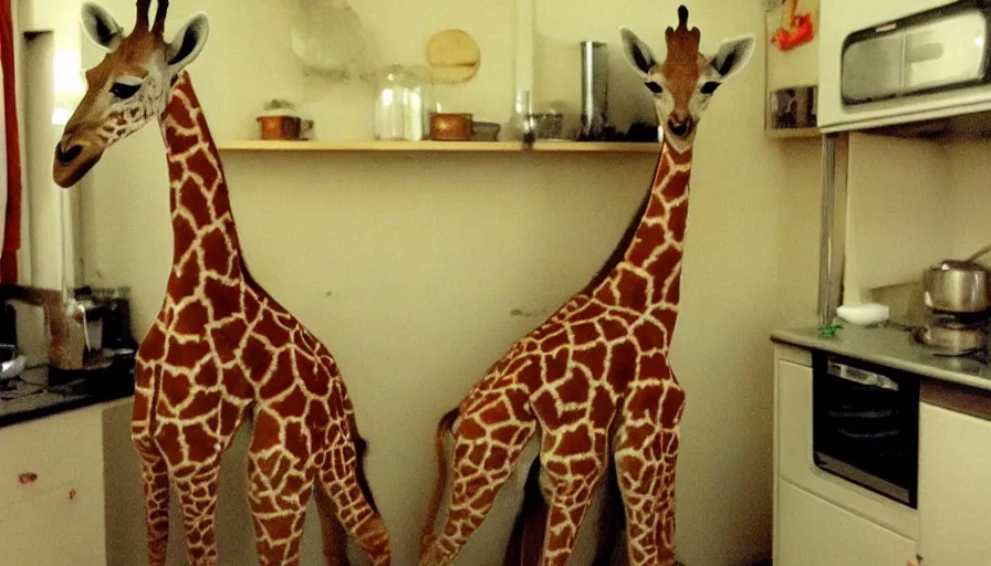 Image similar to a mini girafe in a stalinist style kitchen, by mini dv camera, very very low quality, heavy grain, very blurry, accidental flash, webcam footage, found footage, security cam, caught on trail cam