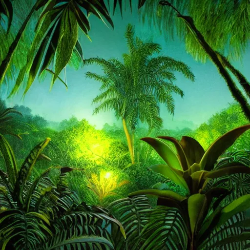 Image similar to « detailed, jungle with low luminosity, far view, luminescent plants »