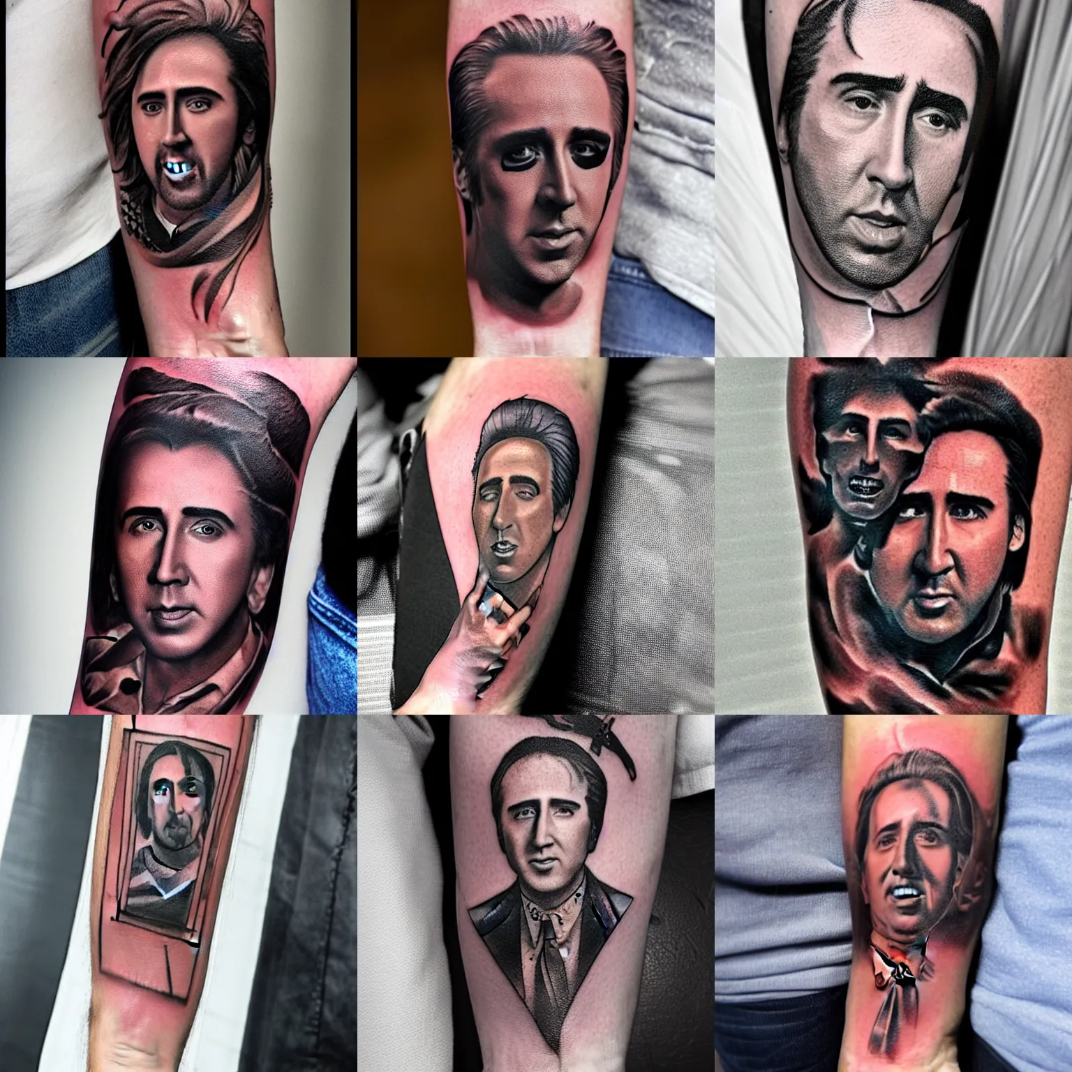Prompt: forearm tattoo of Nicolas Cage, photograph