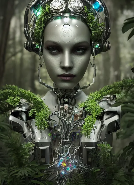 Image similar to beautiful female robot covered by plants and crystals in the mystical forest, beautiful symmetrical face, chrome parts, opal crystals, renaissance style, cyber punk, sci - fi, filigree jewellery, baroque, cinematic light, mystical shadows, 8 k, octane render