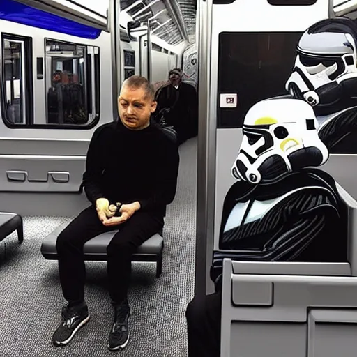 Image similar to of darth vader on his iphone on a train with a small rubber duck sitting next to him looking up at him the rest of the seats are taken up with storm troopers photorealistic