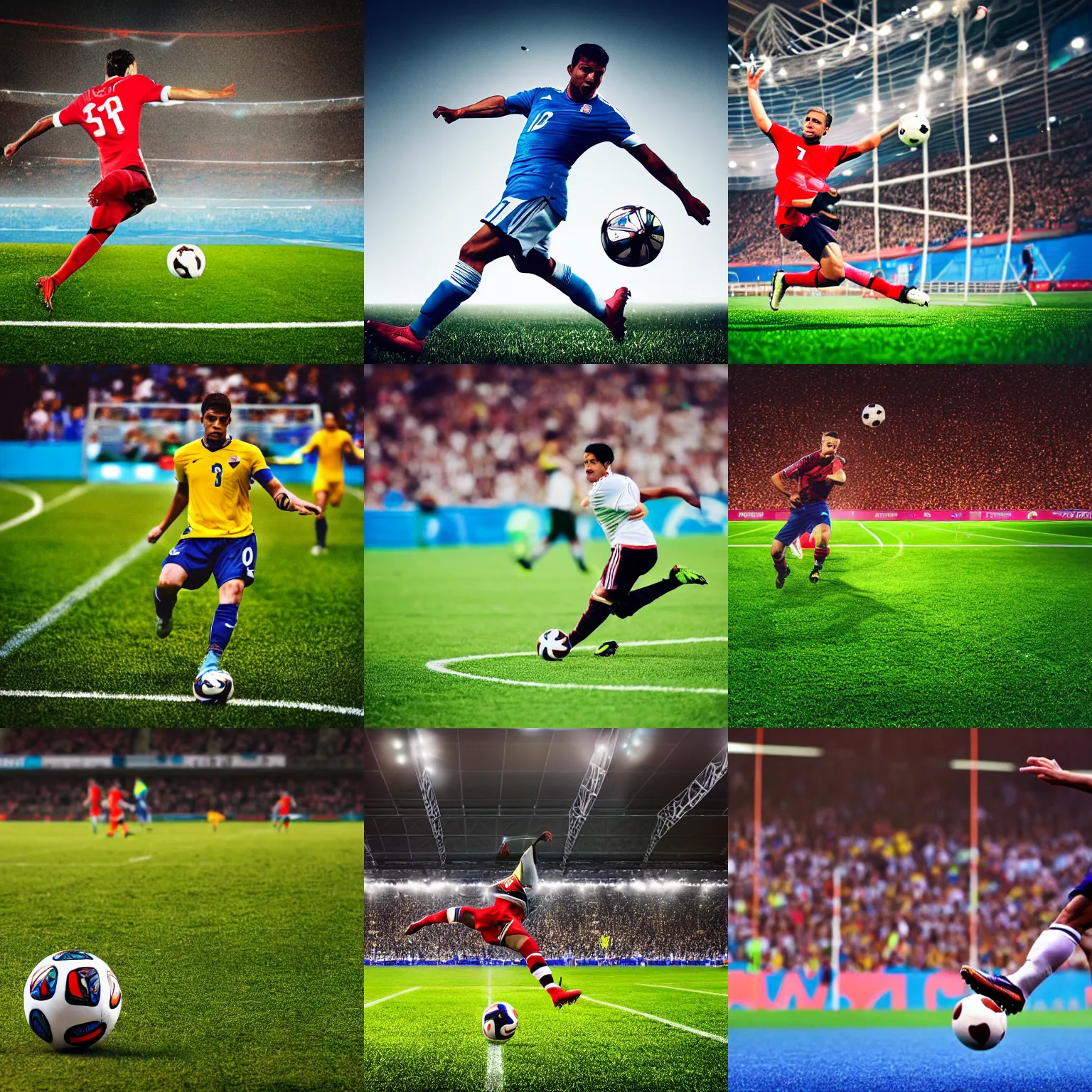 Prompt: Footballer about to kick a ball into a goal, high shutter speed, sports photography, taken from behind, person fills the frame, at the World Cup